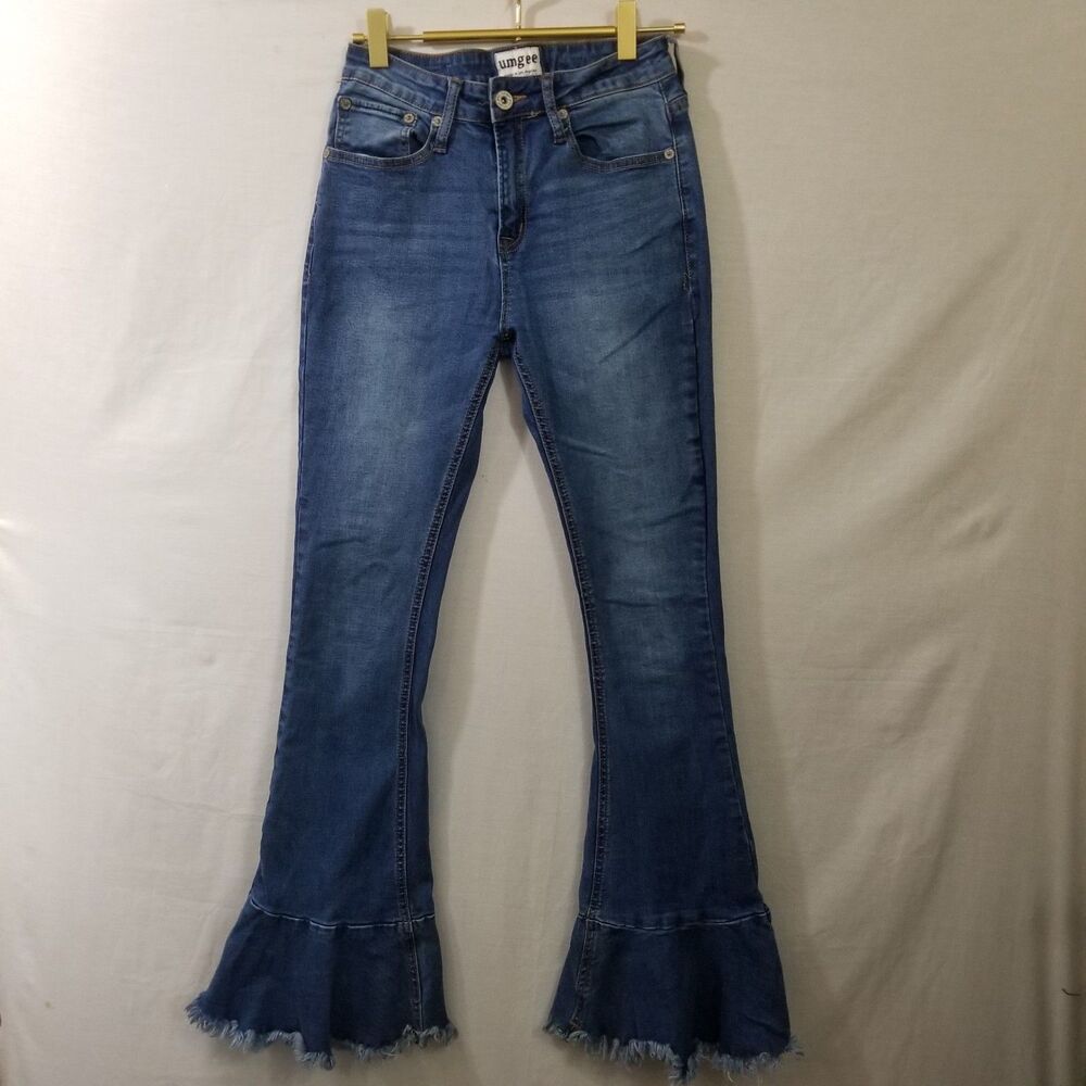 Umgee Bell Bottom Blue Jeans With Raw Hem Size 27/30